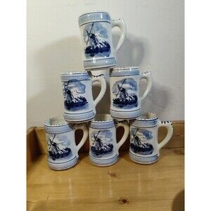 Vintage Lot Of 6 Hand Painted Delft Blue Stein Holland Signed ~4-3/4” Windmills